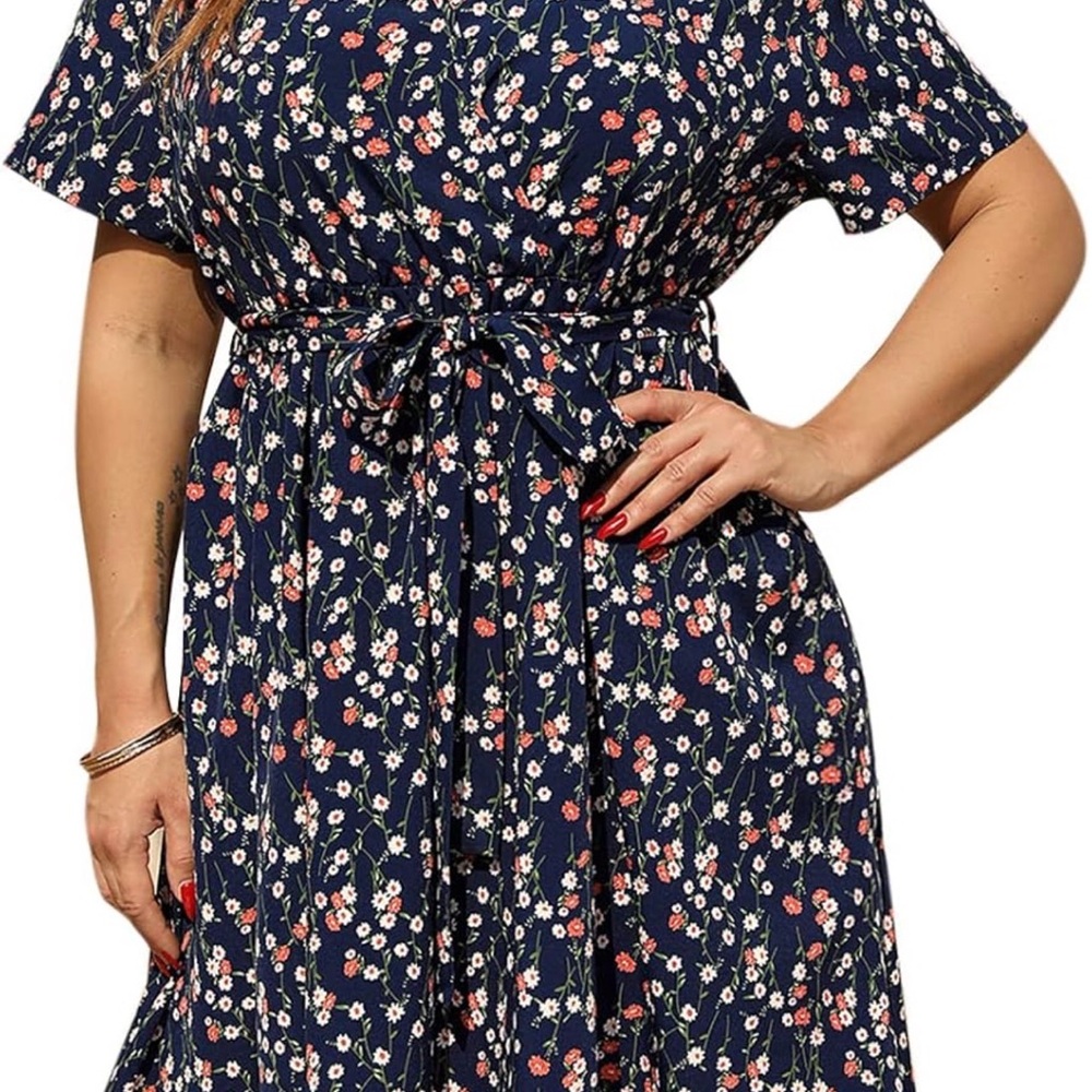 Floral Asymmetrical Dress - Navy and Coral Flowers. Size 20
